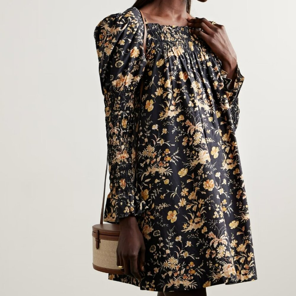 DÔEN Sabia Shirred Floral-print Organic Cotton-poplin dress L
